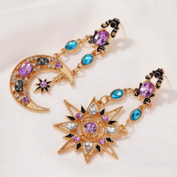 Jewelry - DESIGNER Celestial Gold Starburst & Moon Multicolor Crystal Mismatch Earrings